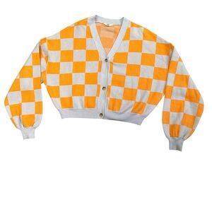 ASCOT & HART Orange and Lavender Checkered Cardigan - Size Medium